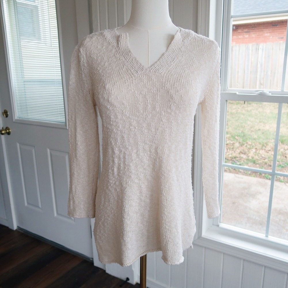 Tommy Bahama Womens Sheer Slub Knit V-Neck Sweater XS Cream Coastal Beachy Beach